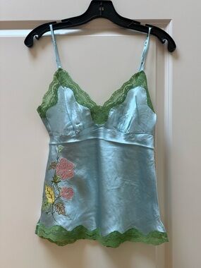 Gold Hawk 100% Silk Camisole – Mint Green with Pink Lace & Floral Embroidery